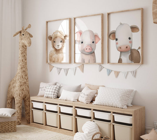 Farm Animal Prints for Nursery | Set of 3 Wall Art | Gender Neutral Decor for Babies' Bedroom & Playroom - RoseRowanDesign