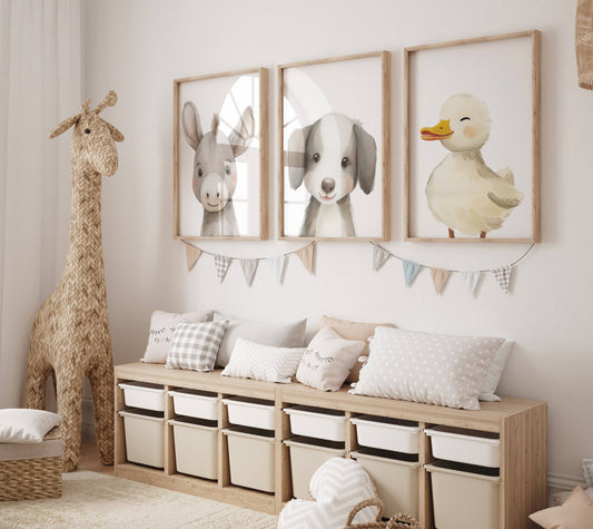 Farm Animal Prints for Nursery | Set of 3 Wall Art | Gender Neutral Decor for Babies' Bedroom & Playroom - RoseRowanDesign