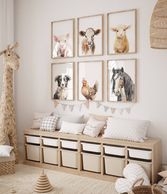 Farm Animal Prints for Nursery | Set of 6 Wall Art for Baby Room | Neutral Decor - RoseRowanDesign