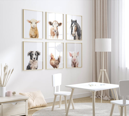 Farm Animal Prints for Nursery | Set of 6 Wall Art for Baby Room | Neutral Decor - RoseRowanDesign