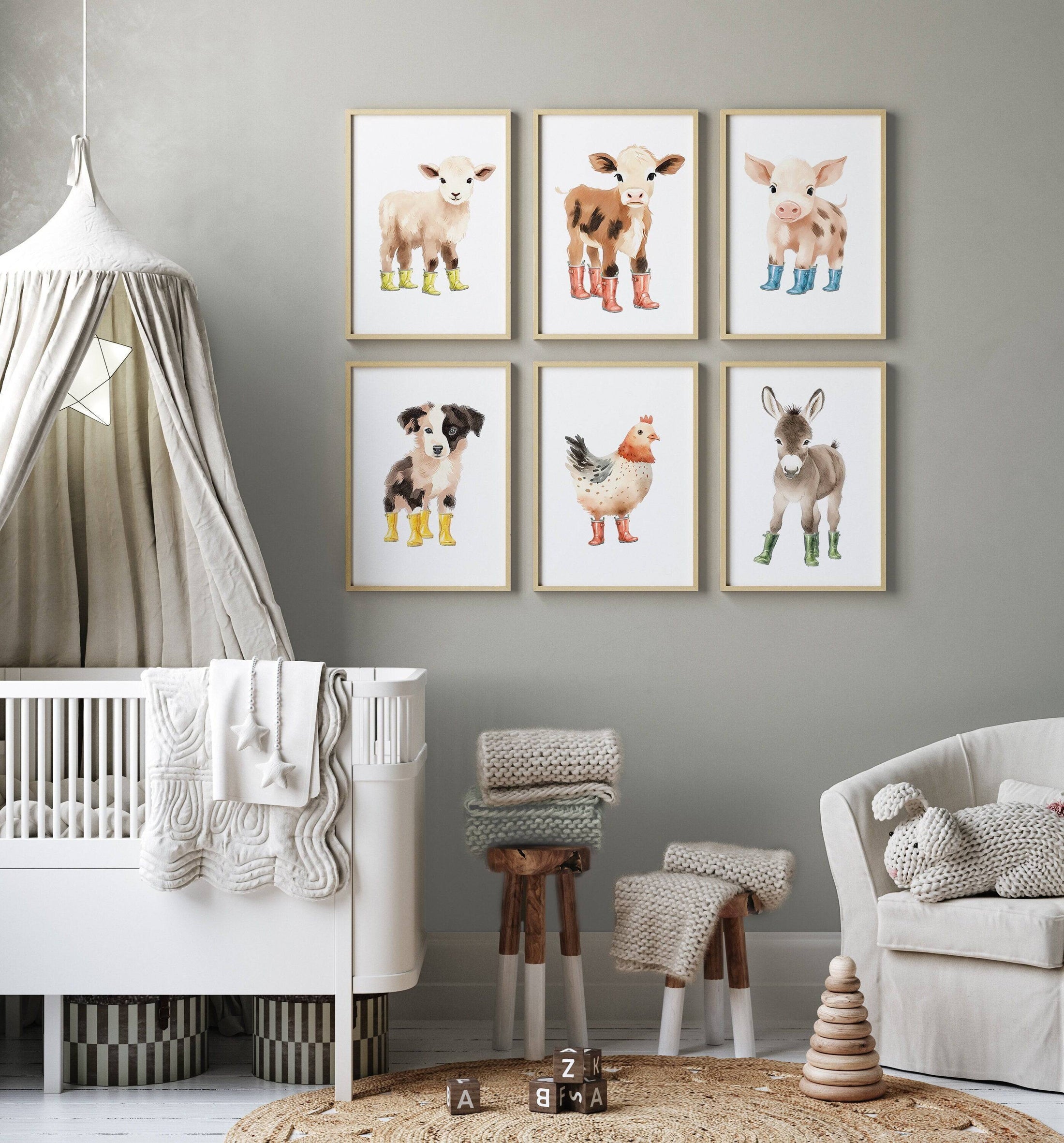 Farm Animal Prints for Nursery | Set of 6 Wall Art Prints for Baby Room | Barnyard Decor - RoseRowanDesign