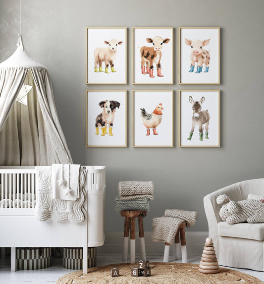 Farm Animal Prints for Nursery | Set of 6 Wall Art Prints for Baby Room | Barnyard Decor - RoseRowanDesign