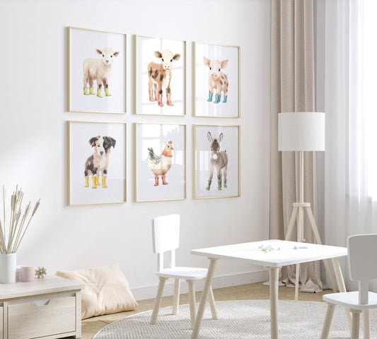Farm Animal Prints for Nursery | Set of 6 Wall Art Prints for Baby Room | Barnyard Decor - RoseRowanDesign