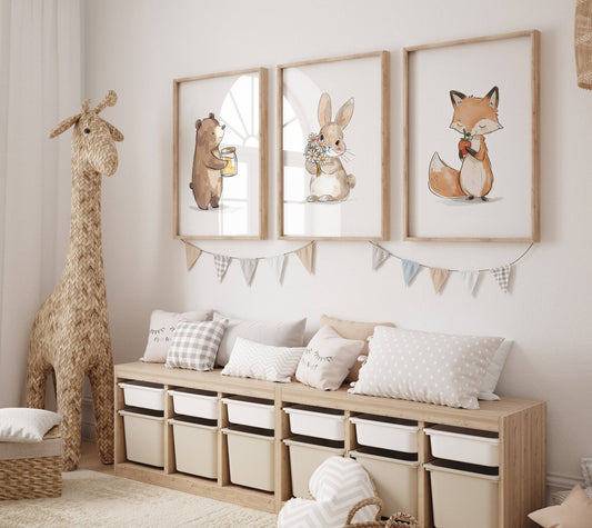 Fox, Bunny & Bear Nursery Prints | Neutral Woodland Decor | Unisex Animal Wall Art - RoseRowanDesign