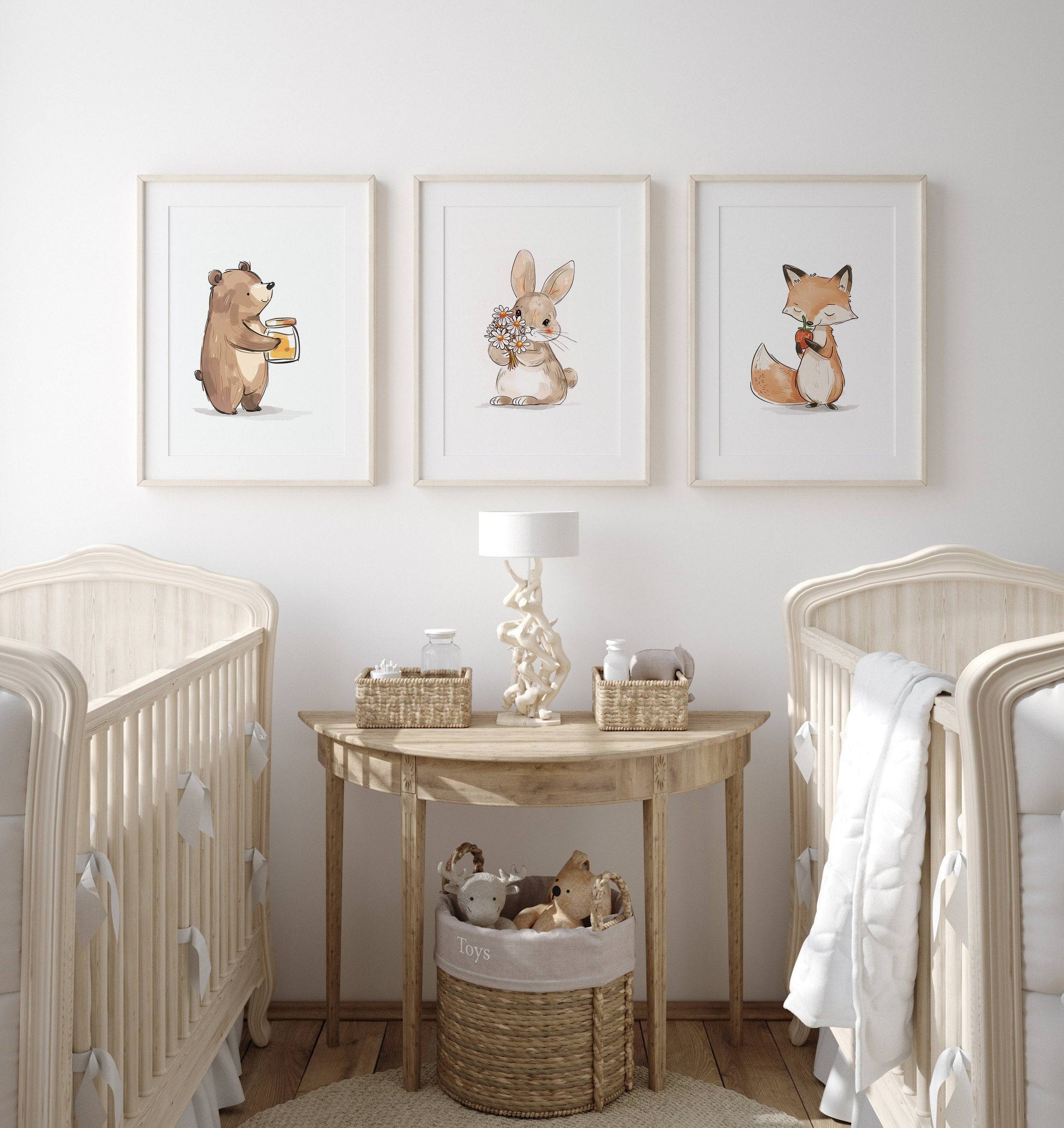 Fox, Bunny & Bear Nursery Prints | Neutral Woodland Decor | Unisex Animal Wall Art - RoseRowanDesign