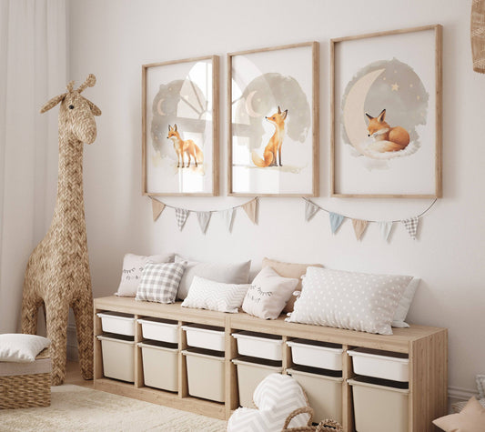 Fox Theme Kids Wall Art | Beige | Set of 3 Nursery Prints - RoseRowanDesign