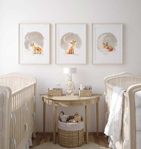 Fox Theme Kids Wall Art | Beige | Set of 3 Nursery Prints - RoseRowanDesign