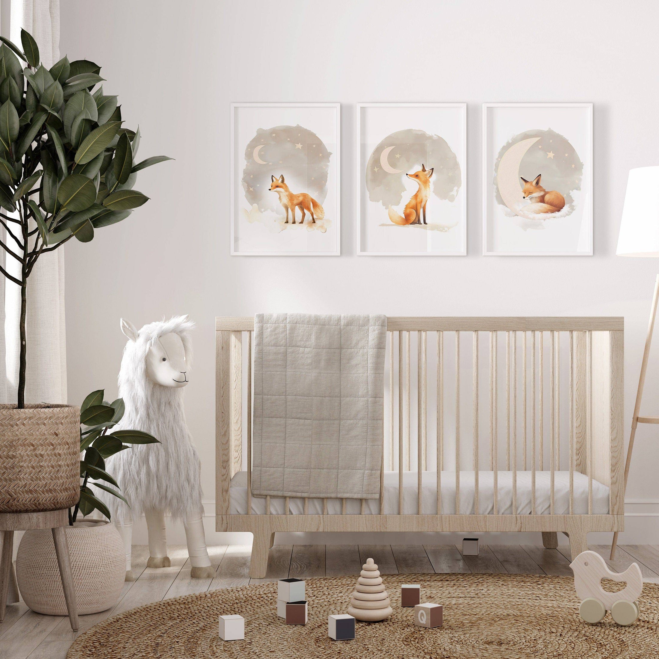 Fox Theme Kids Wall Art | Beige | Set of 3 Nursery Prints - RoseRowanDesign