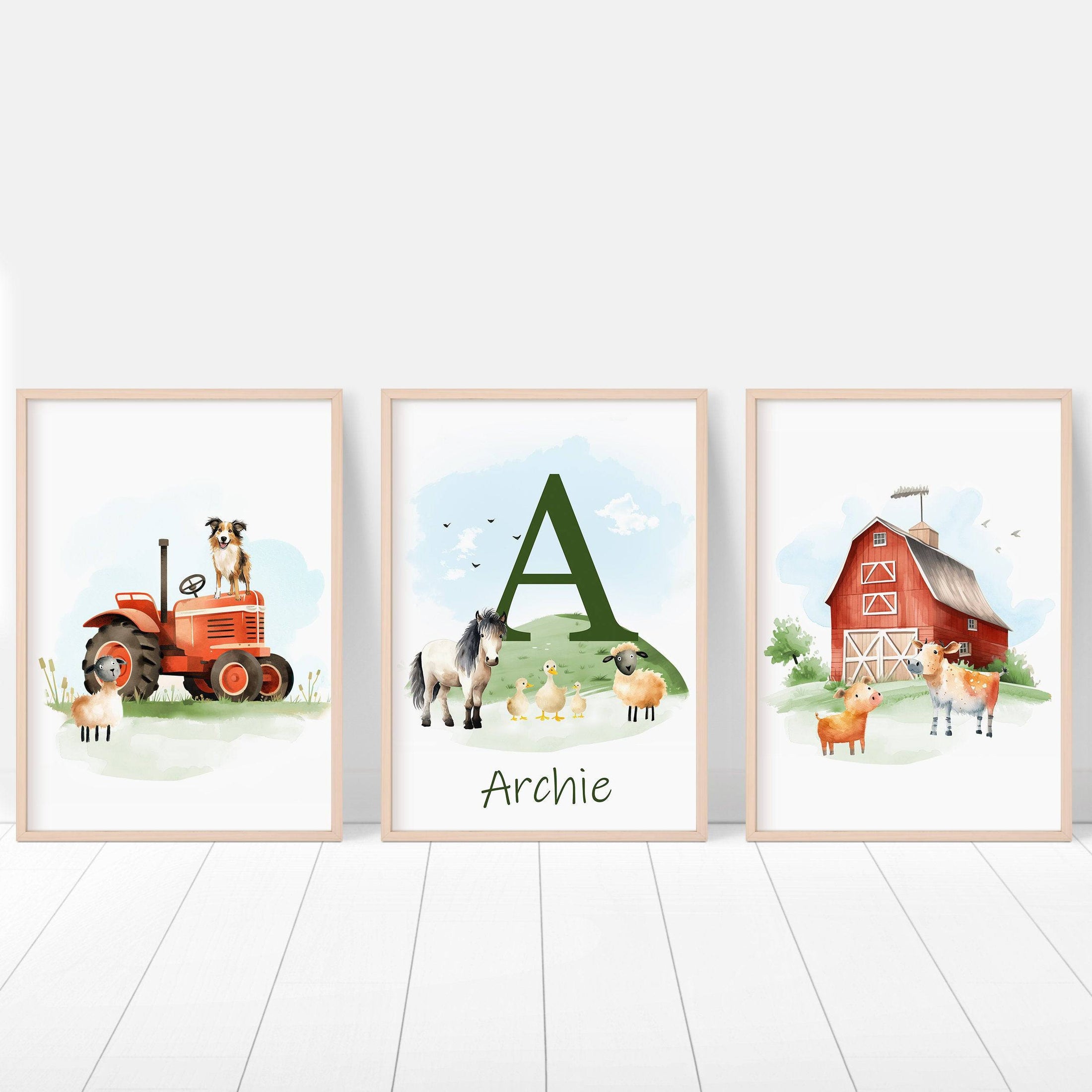 Personalised Farm Nursery Prints | Set of 3 Tractor Theme Wall Art | Unisex Barnyard Posters - RoseRowanDesign