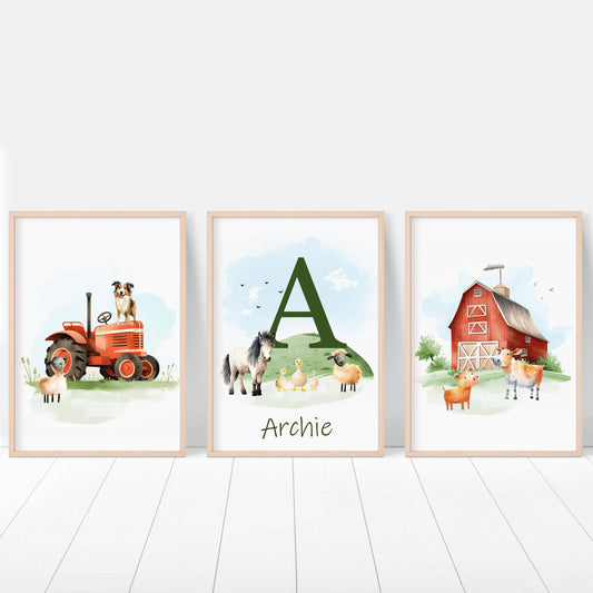 Personalised Farm Nursery Prints | Set of 3 Tractor Theme Wall Art | Unisex Barnyard Posters - RoseRowanDesign