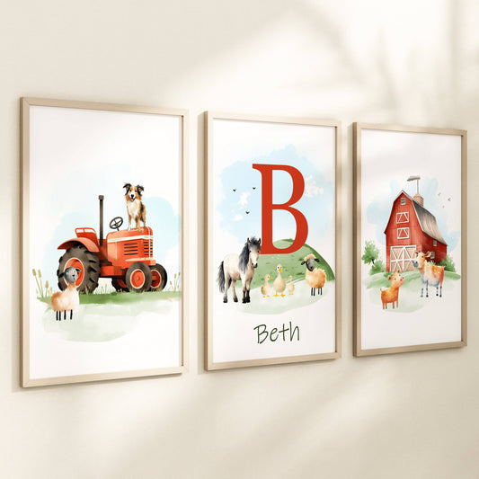 Personalised Farm Nursery Prints | Set of 3 Tractor Theme Wall Art | Unisex Barnyard Posters - RoseRowanDesign