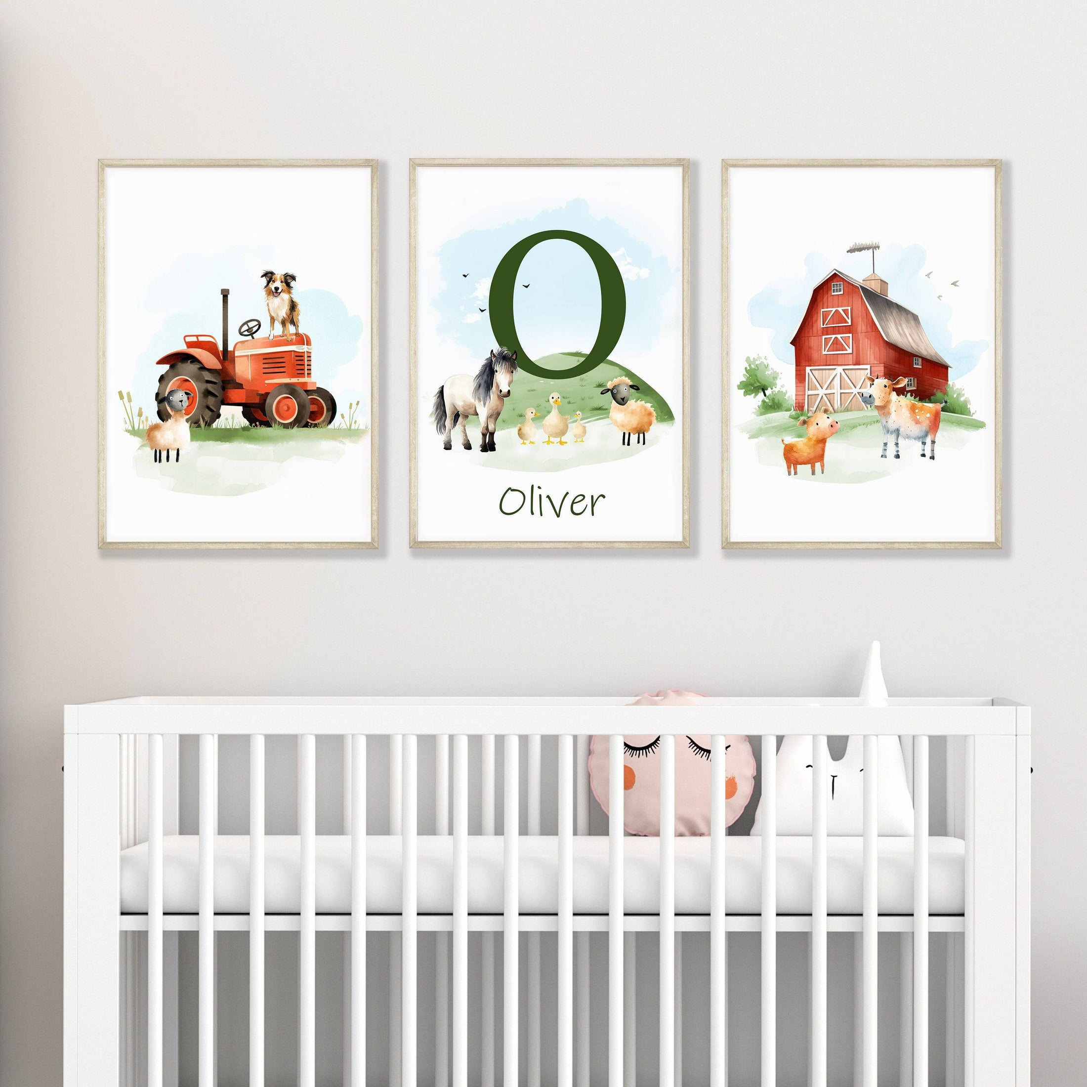 Personalised Farm Nursery Prints | Set of 3 Tractor Theme Wall Art | Unisex Barnyard Posters - RoseRowanDesign