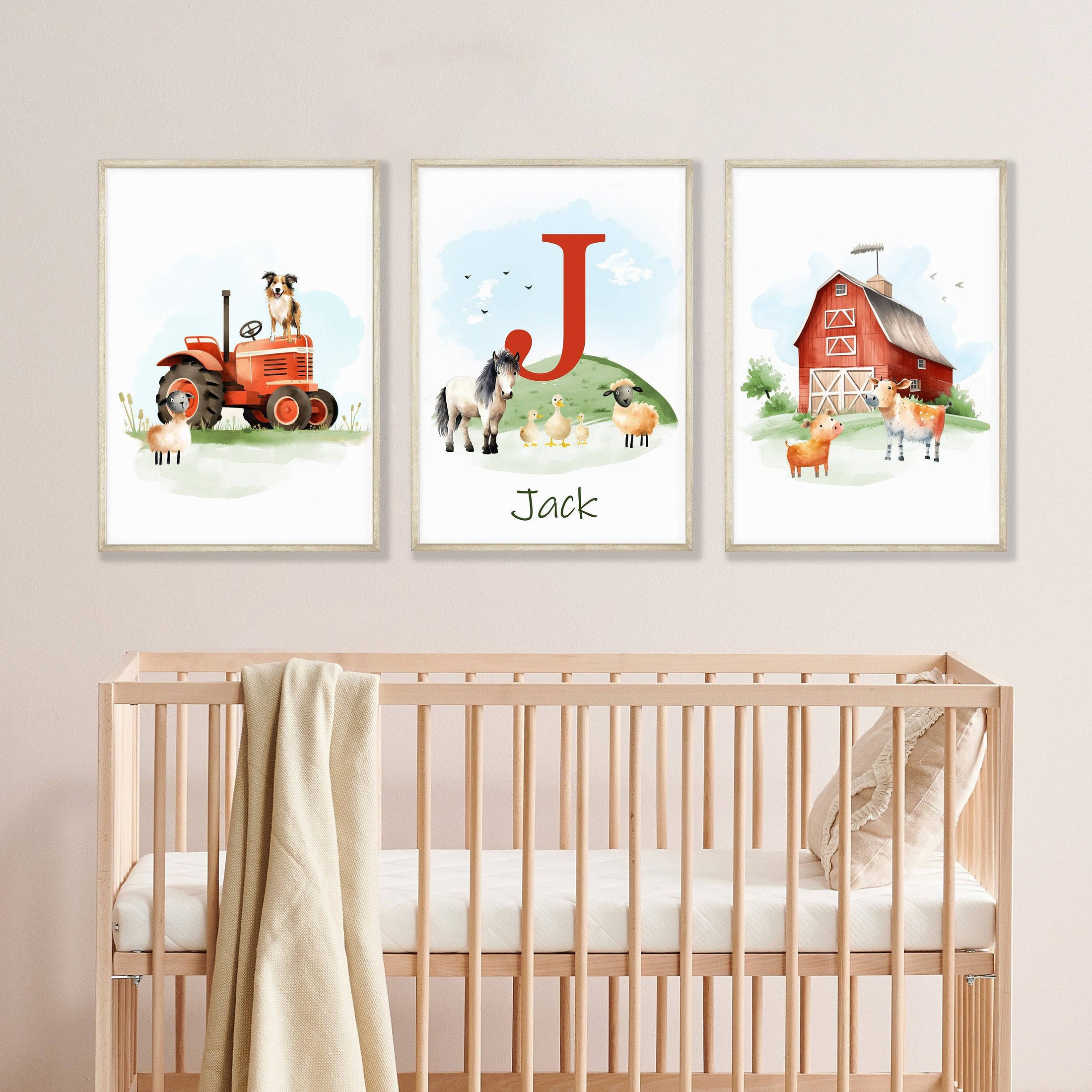 Personalised Farm Nursery Prints | Set of 3 Tractor Theme Wall Art | Unisex Barnyard Posters - RoseRowanDesign