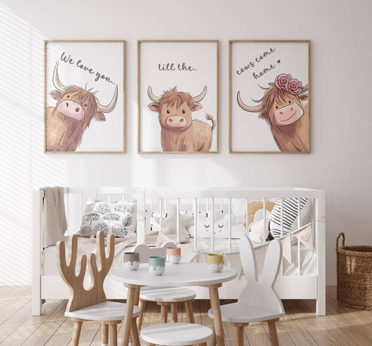 Highland Cow Nursery Prints | Set of 3 | Gender Neutral Wall Art for Baby's Room - RoseRowanDesign