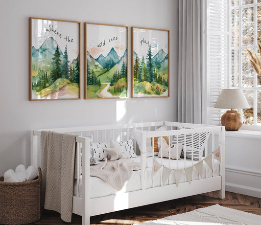Mountain Nursery Prints | Set of 3 Forest Decor | Green Nursery Wall Art - RoseRowanDesign