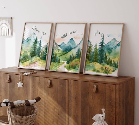 Mountain Nursery Prints | Set of 3 Forest Decor | Green Nursery Wall Art - RoseRowanDesign