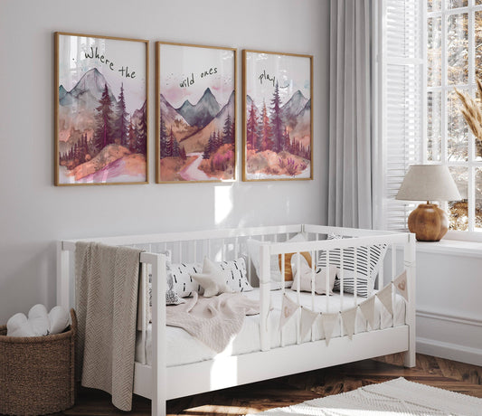 Mountain Nursery Prints | Set of 3 Forest Decor | Pink Nursery Wall Art - RoseRowanDesign