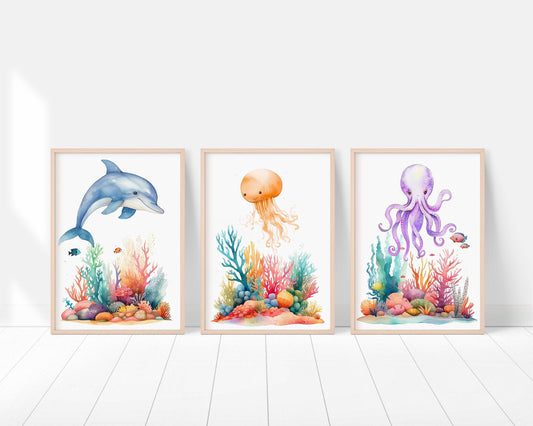 Nautical Nursery Wall Art | Ocean Theme Prints | Colorful Sea Creature Decor | Set of 3 - RoseRowanDesign
