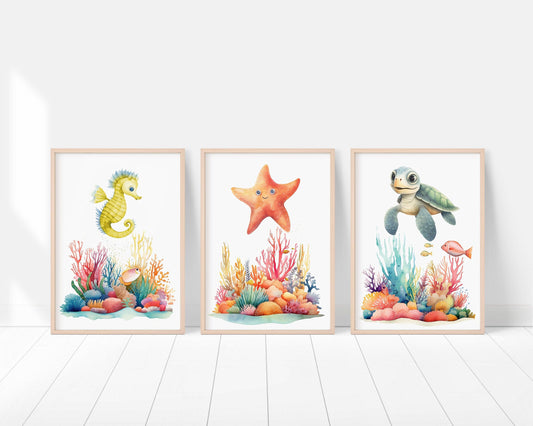 Nautical Nursery Wall Art | Ocean Theme Prints | Colorful Sea Creature Decor | Set of 3 - RoseRowanDesign