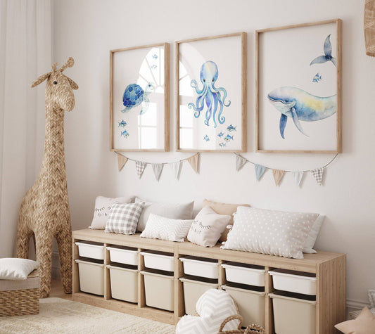 Nautical Nursery Wall Art | Ocean Theme Prints | Kids' Playroom Decor | Set of 3 - RoseRowanDesign