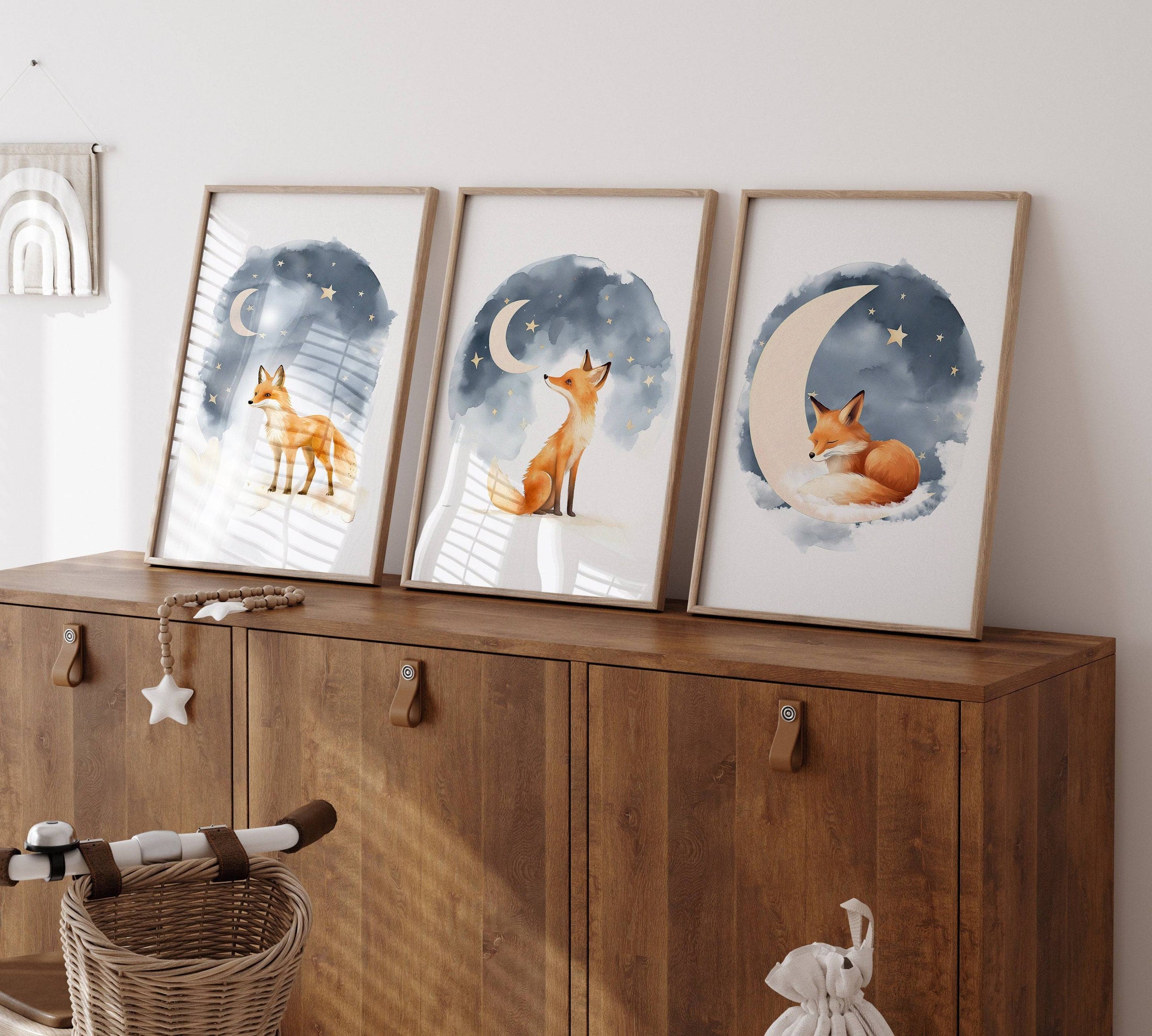Night Sky Fox Nursery Prints | Set of 3 | Boho Wall Art | Gender Neutral Nursery Decor - RoseRowanDesign