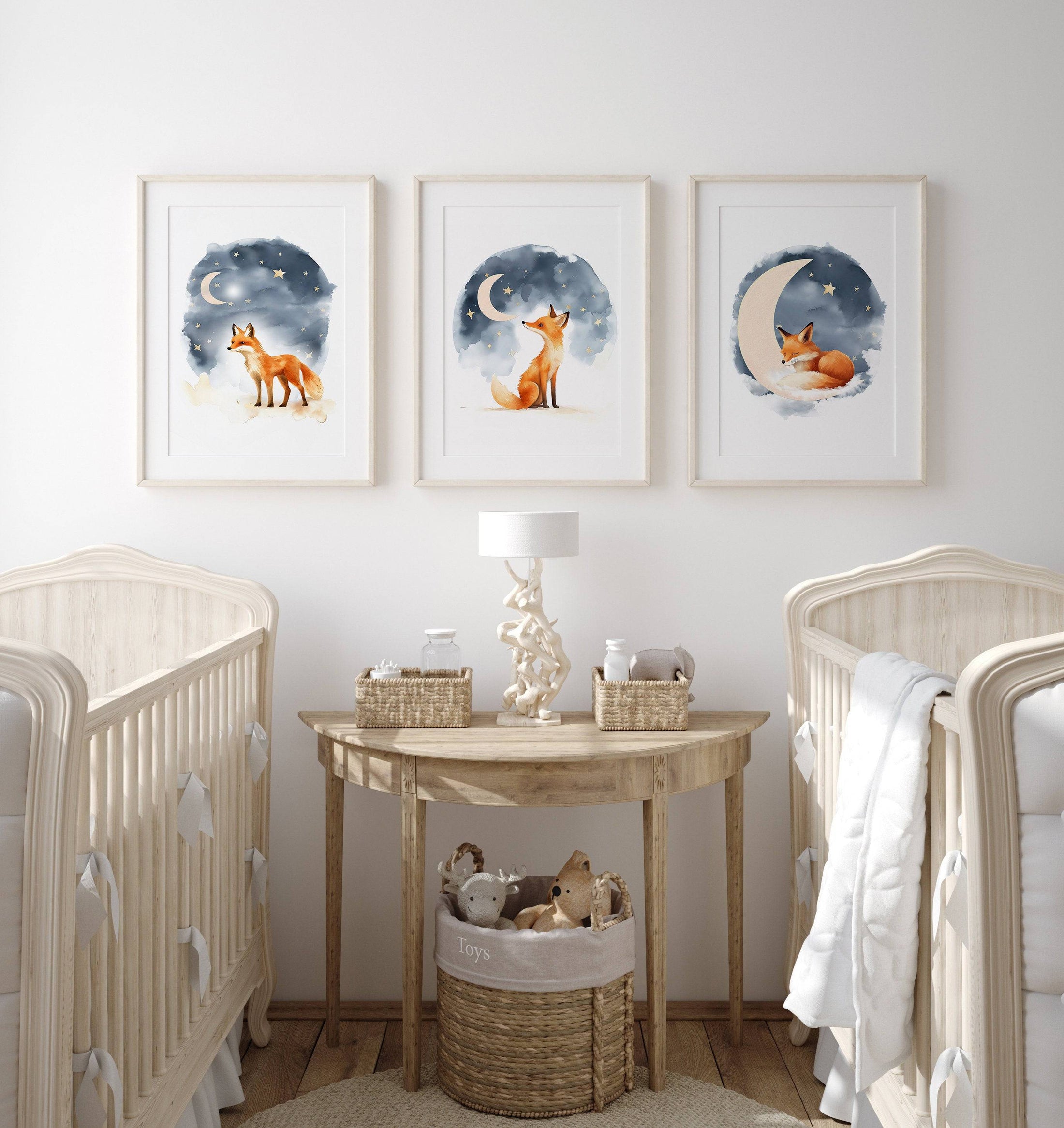 Night Sky Fox Nursery Prints | Set of 3 | Boho Wall Art | Gender Neutral Nursery Decor - RoseRowanDesign