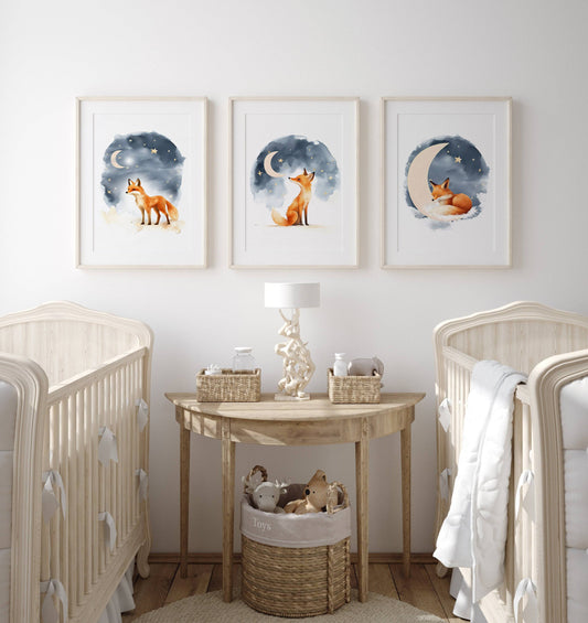 Night Sky Fox Nursery Prints | Set of 3 | Boho Wall Art | Gender Neutral Nursery Decor - RoseRowanDesign
