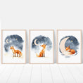 Load image into Gallery viewer, Night Sky Fox Nursery Prints | Set of 3 | Boho Wall Art | Gender Neutral Nursery Decor - RoseRowanDesign
