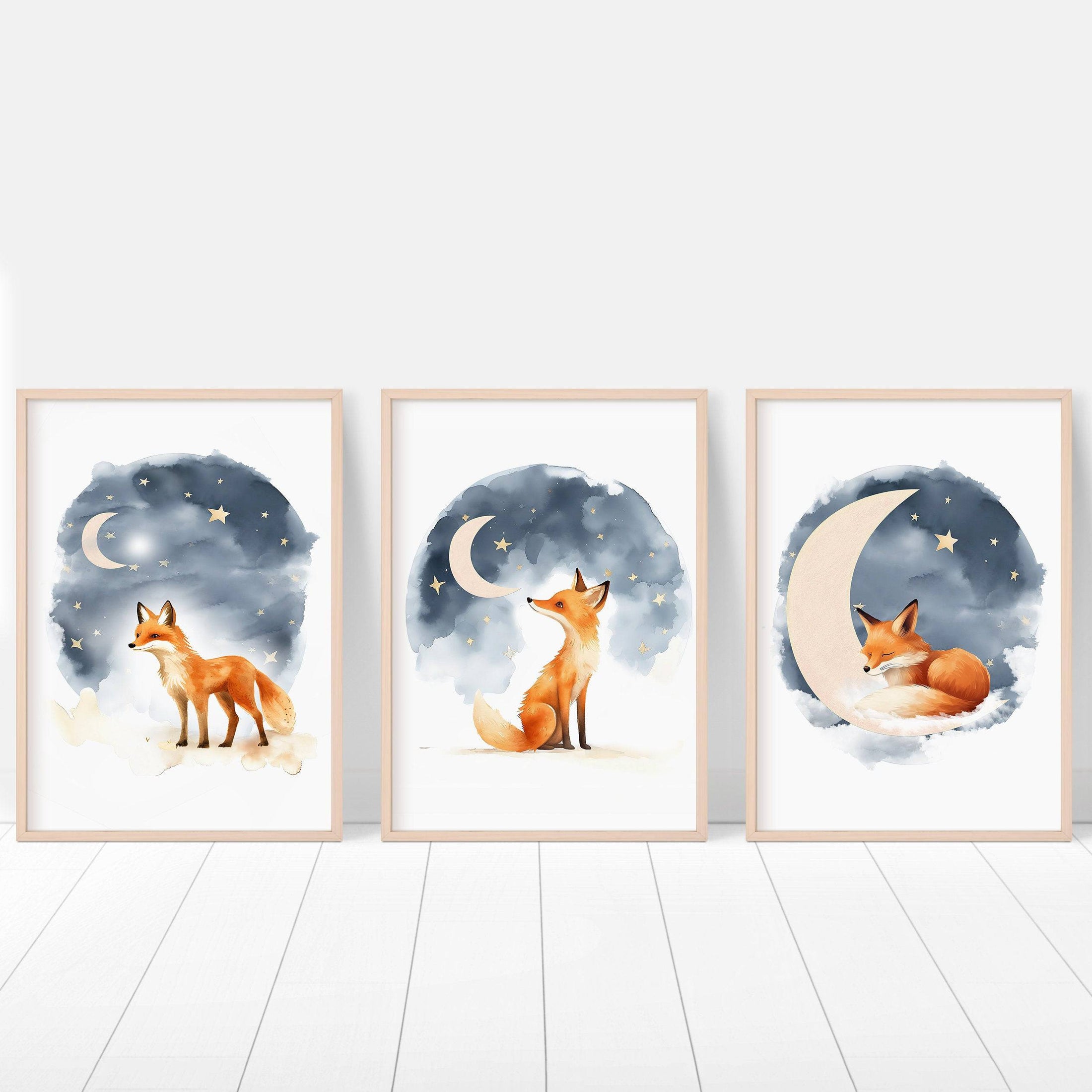 Night Sky Fox Nursery Prints | Set of 3 | Boho Wall Art | Gender Neutral Nursery Decor - RoseRowanDesign