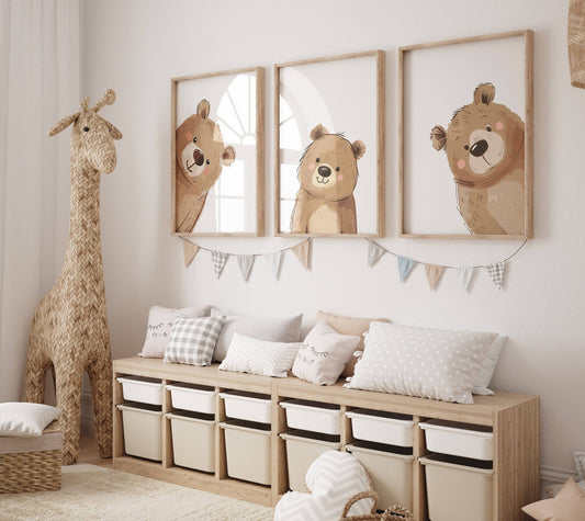 Peeking Bears Nursery Prints | Set of 3 Bear-Themed Gender Neutral Wall Art - RoseRowanDesign