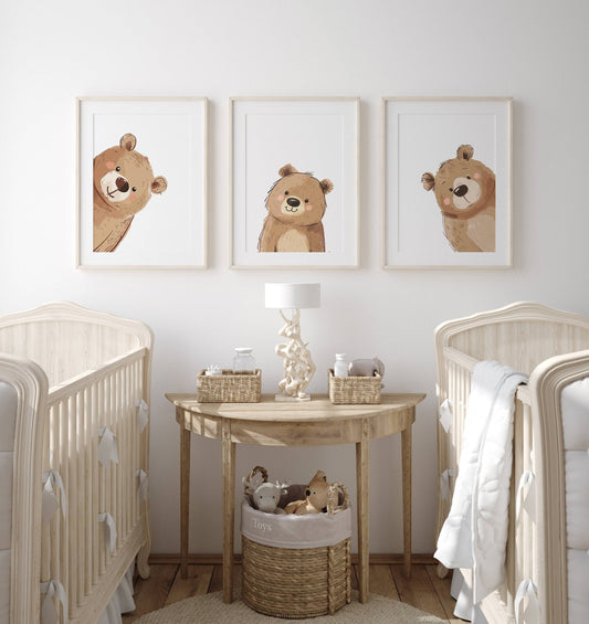 Peeking Bears Nursery Prints | Set of 3 Bear-Themed Gender Neutral Wall Art - RoseRowanDesign
