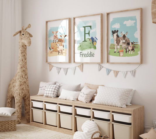 Personalised Farm Nursery Wall Prints | Set of 3 Barnyard Animal Decor | Boys' Room Posters - RoseRowanDesign