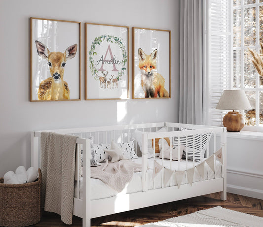 Personalised Name Woodland Animal Nursery Prints | Set of 3 Neutral Forest Wall Art for Baby Bedroom - RoseRowanDesign
