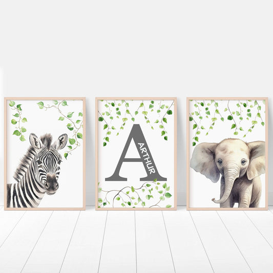 Personalised Safari Name Prints | Jungle Theme | Set of 3 Nursery Decor - RoseRowanDesign