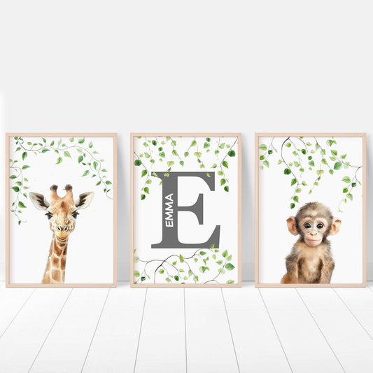 Personalised Safari Name Prints | Jungle Theme | Set of 3 Nursery Decor - RoseRowanDesign