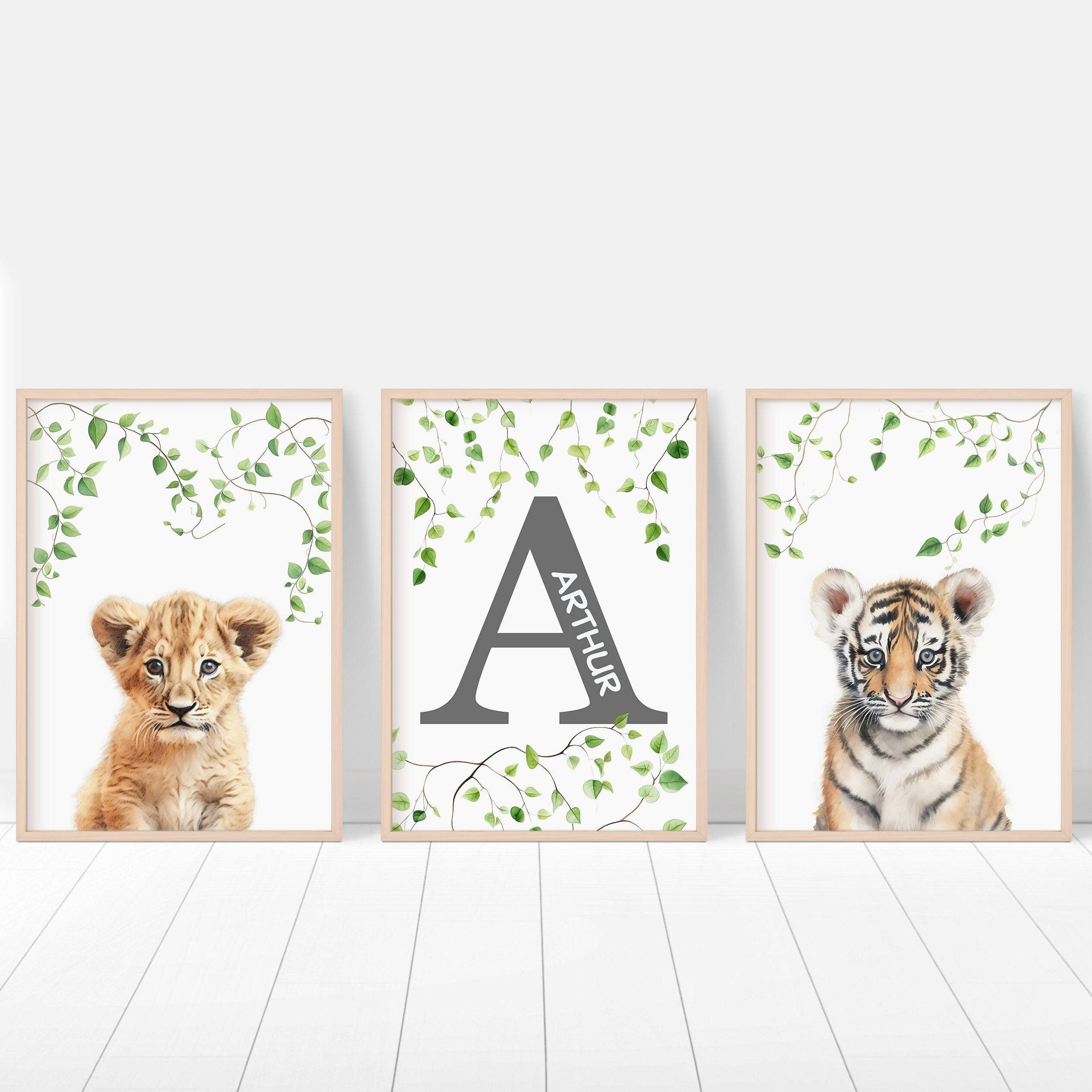 Personalised Safari Name Prints | Jungle Theme | Set of 3 Nursery Decor - RoseRowanDesign