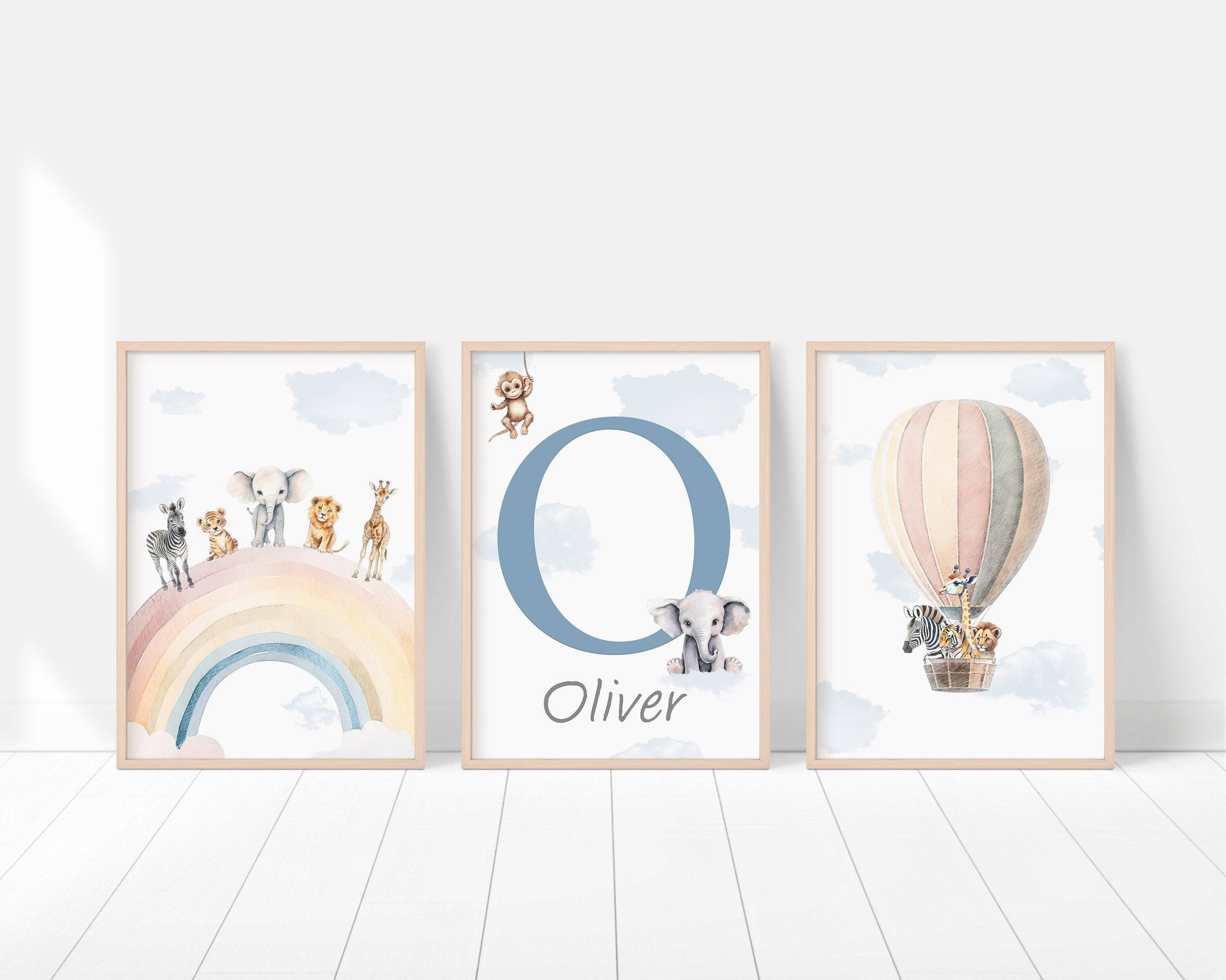 Personalised Safari Nursery Prints | Set of 3 | Rainbow & Hot Air Balloon Art for Girls' Bedroom - RoseRowanDesign