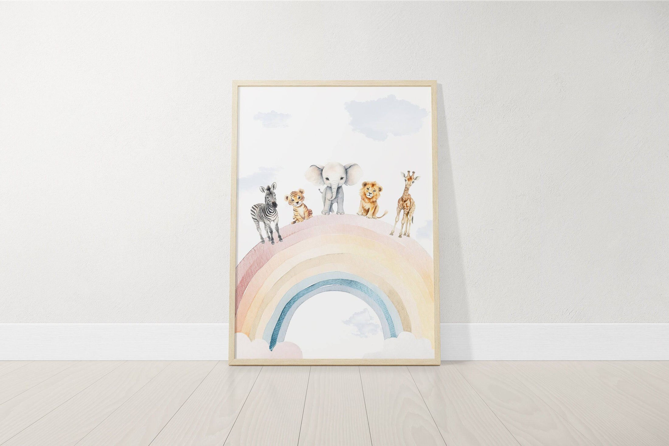 Personalised Safari Nursery Prints | Set of 3 | Rainbow & Hot Air Balloon Art for Girls' Bedroom - RoseRowanDesign