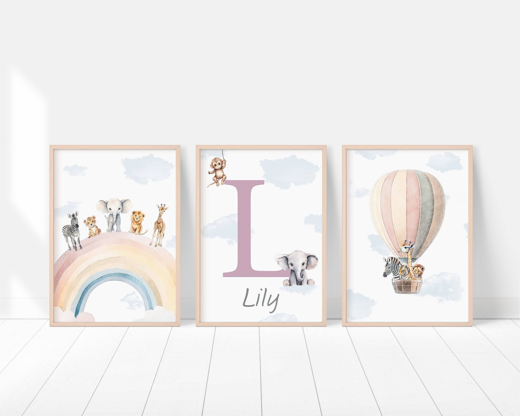 Personalised Safari Nursery Prints | Set of 3 | Rainbow & Hot Air Balloon Art for Girls' Bedroom - RoseRowanDesign