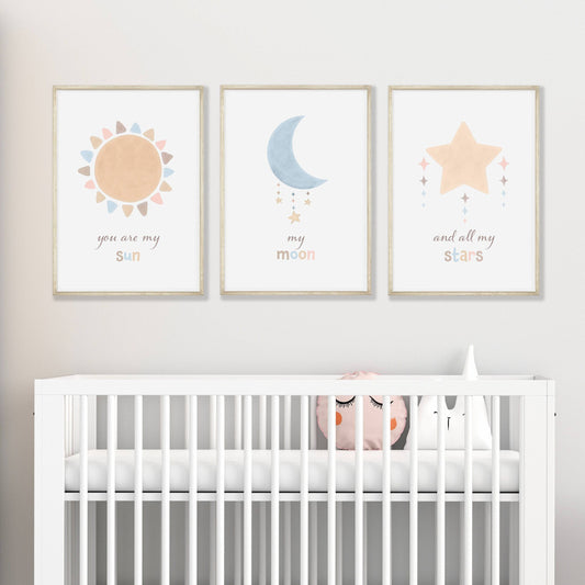 Boho Nursery Prints | Set of 3 Celestial Prints | Sun, Moon & Stars Art for Baby Girl's Room - RoseRowanDesign
