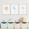 Load image into Gallery viewer, Boho Nursery Prints | Set of 3 Celestial Prints | Sun, Moon & Stars Art for Baby Girl's Room - RoseRowanDesign
