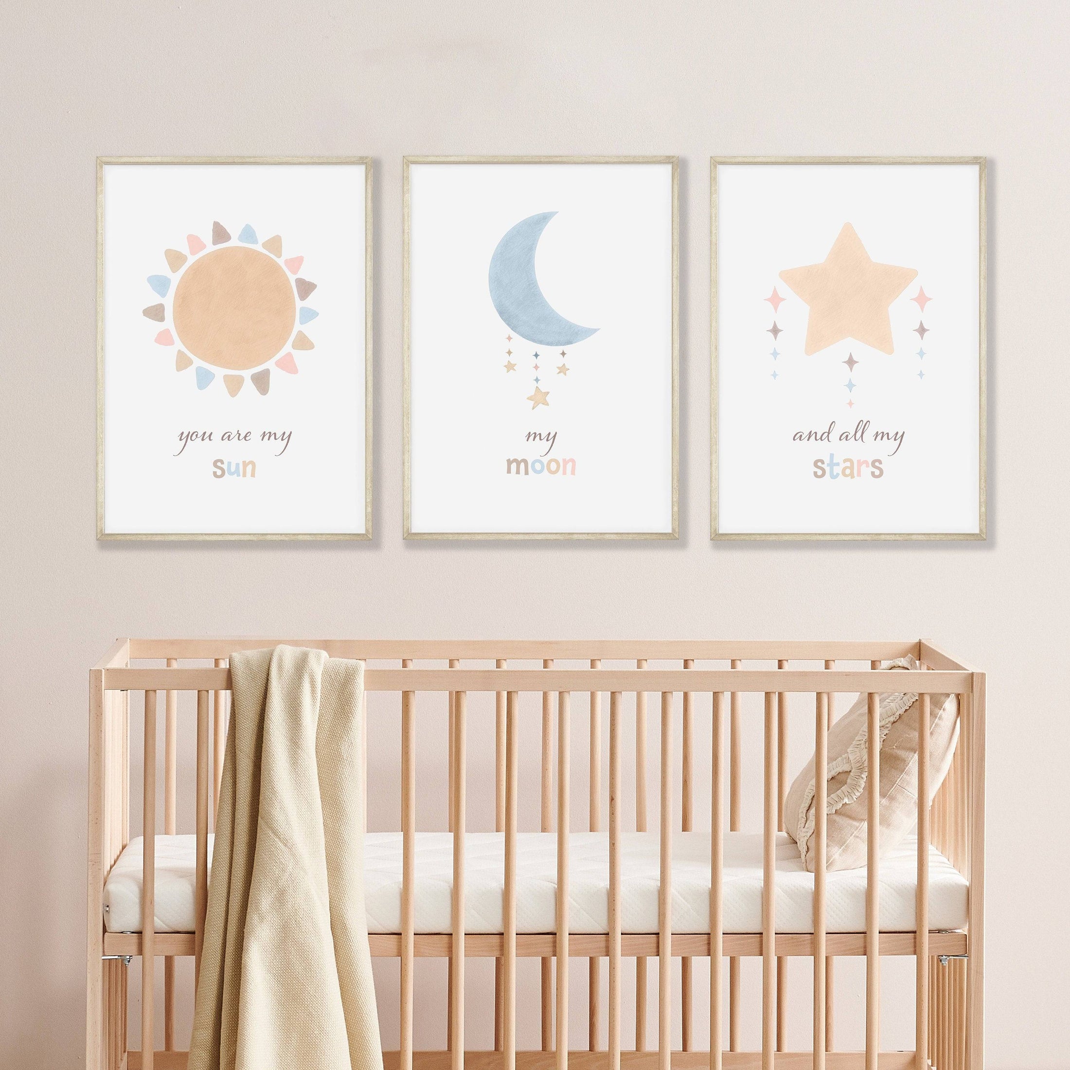 Boho Nursery Prints | Set of 3 Celestial Prints | Sun, Moon & Stars Art for Baby Girl's Room - RoseRowanDesign