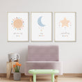 Load image into Gallery viewer, Boho Nursery Prints | Set of 3 Celestial Prints | Sun, Moon & Stars Art for Baby Girl's Room - RoseRowanDesign
