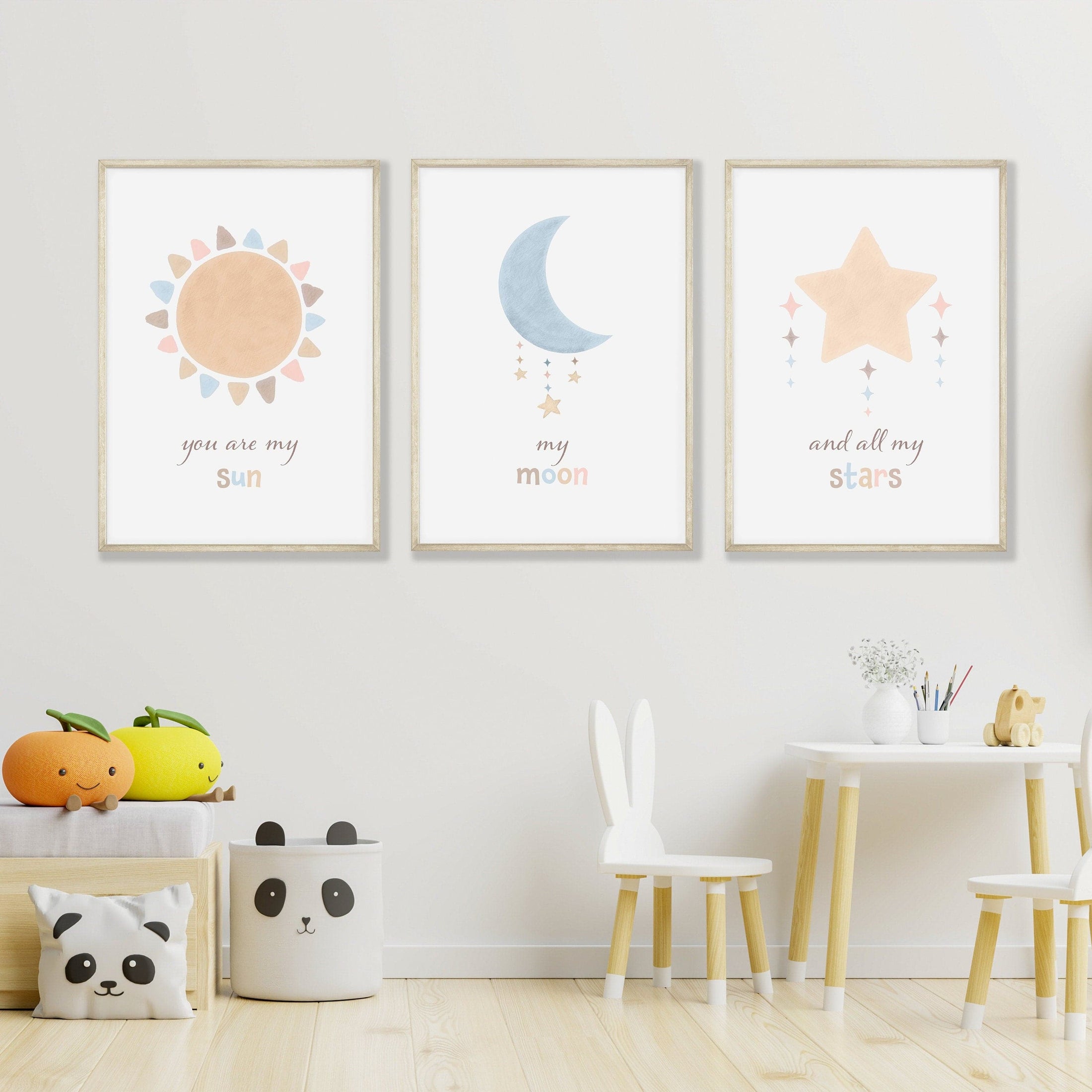 Boho Nursery Prints | Set of 3 Celestial Prints | Sun, Moon & Stars Art for Baby Girl's Room - RoseRowanDesign