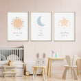 Load image into Gallery viewer, Boho Nursery Prints | Set of 3 Celestial Prints | Sun, Moon & Stars Art for Baby Girl's Room - RoseRowanDesign
