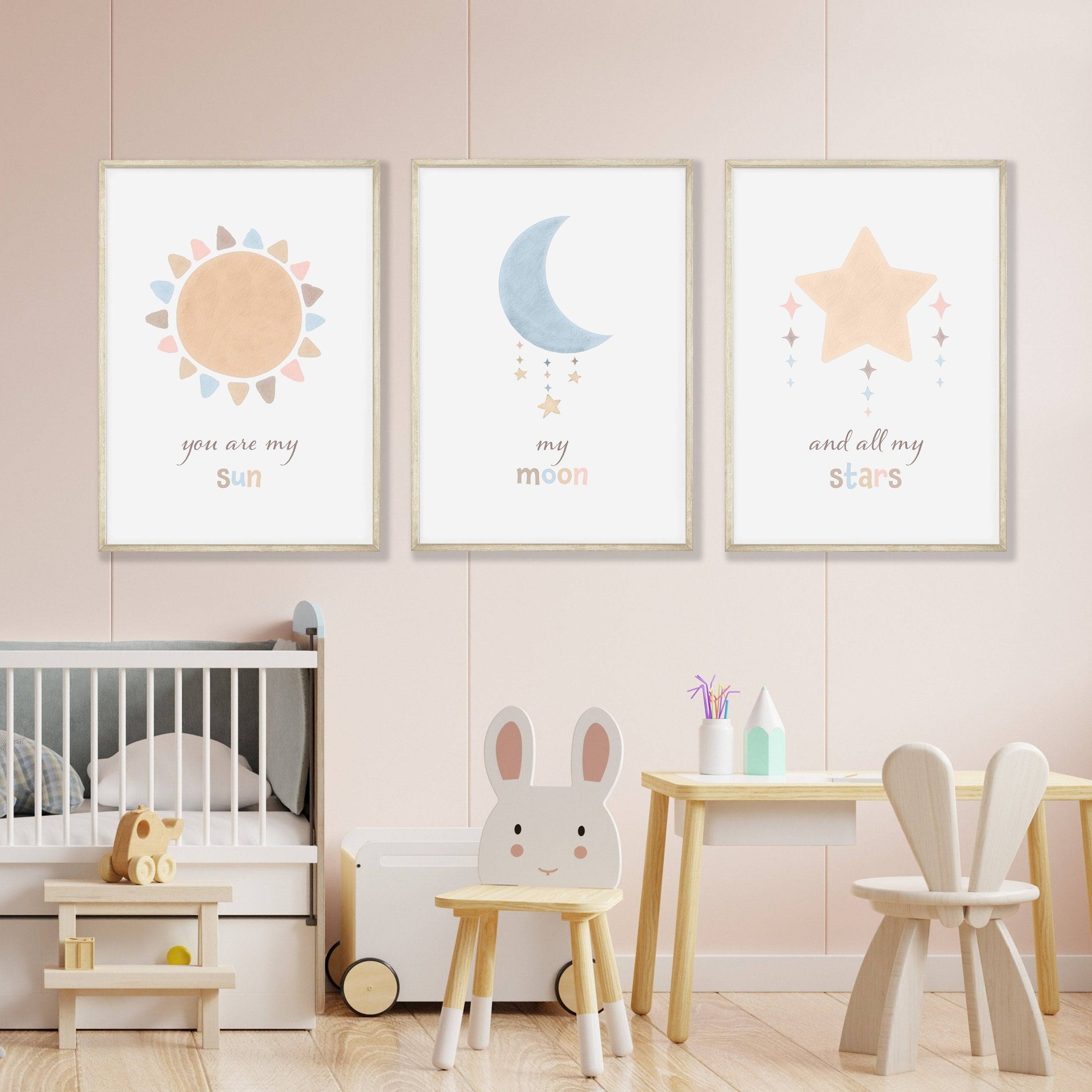 Boho Nursery Prints | Set of 3 Celestial Prints | Sun, Moon & Stars Art for Baby Girl's Room - RoseRowanDesign