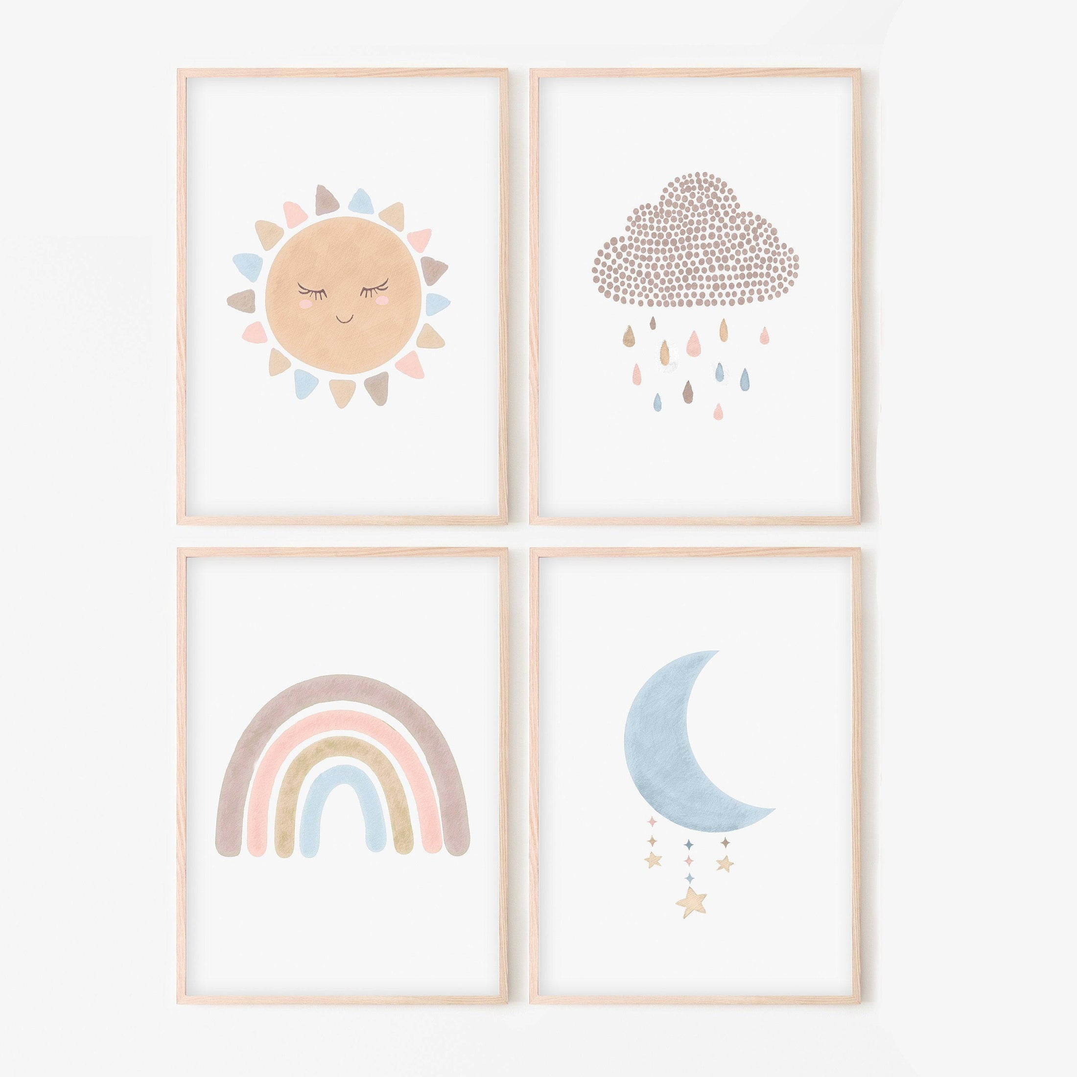 Boho Nursery Prints | Set of 4 Rainbow & Weather Art for Baby Girls' Bedroom - RoseRowanDesign