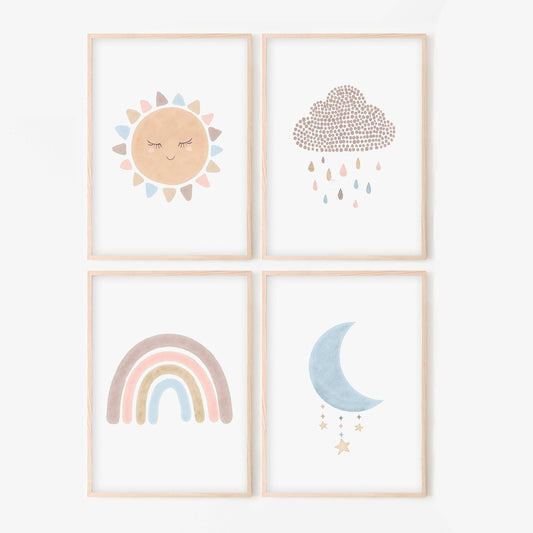 Boho Nursery Prints | Set of 4 Rainbow & Weather Art for Baby Girls' Bedroom - RoseRowanDesign