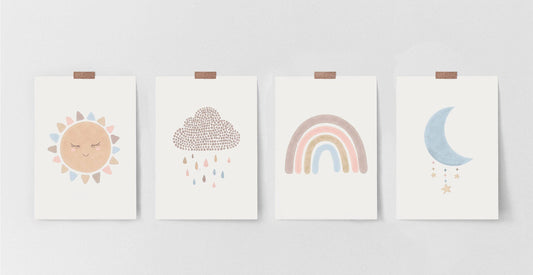 Boho Nursery Prints | Set of 4 Rainbow & Weather Art for Baby Girls' Bedroom - RoseRowanDesign