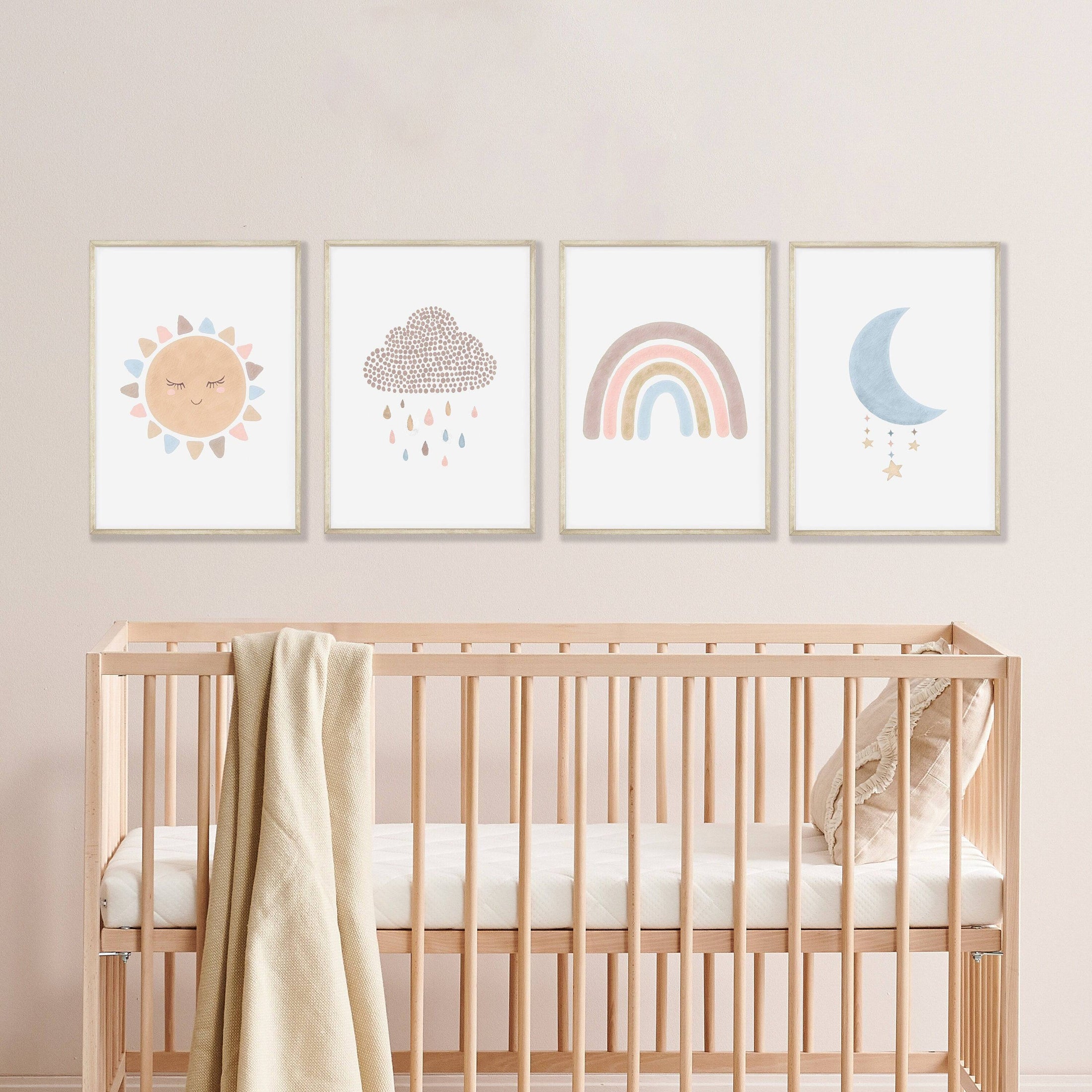 Boho Nursery Prints | Set of 4 Rainbow & Weather Art for Baby Girls' Bedroom - RoseRowanDesign